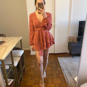 Grid Long Sleeve Ruffle Romper